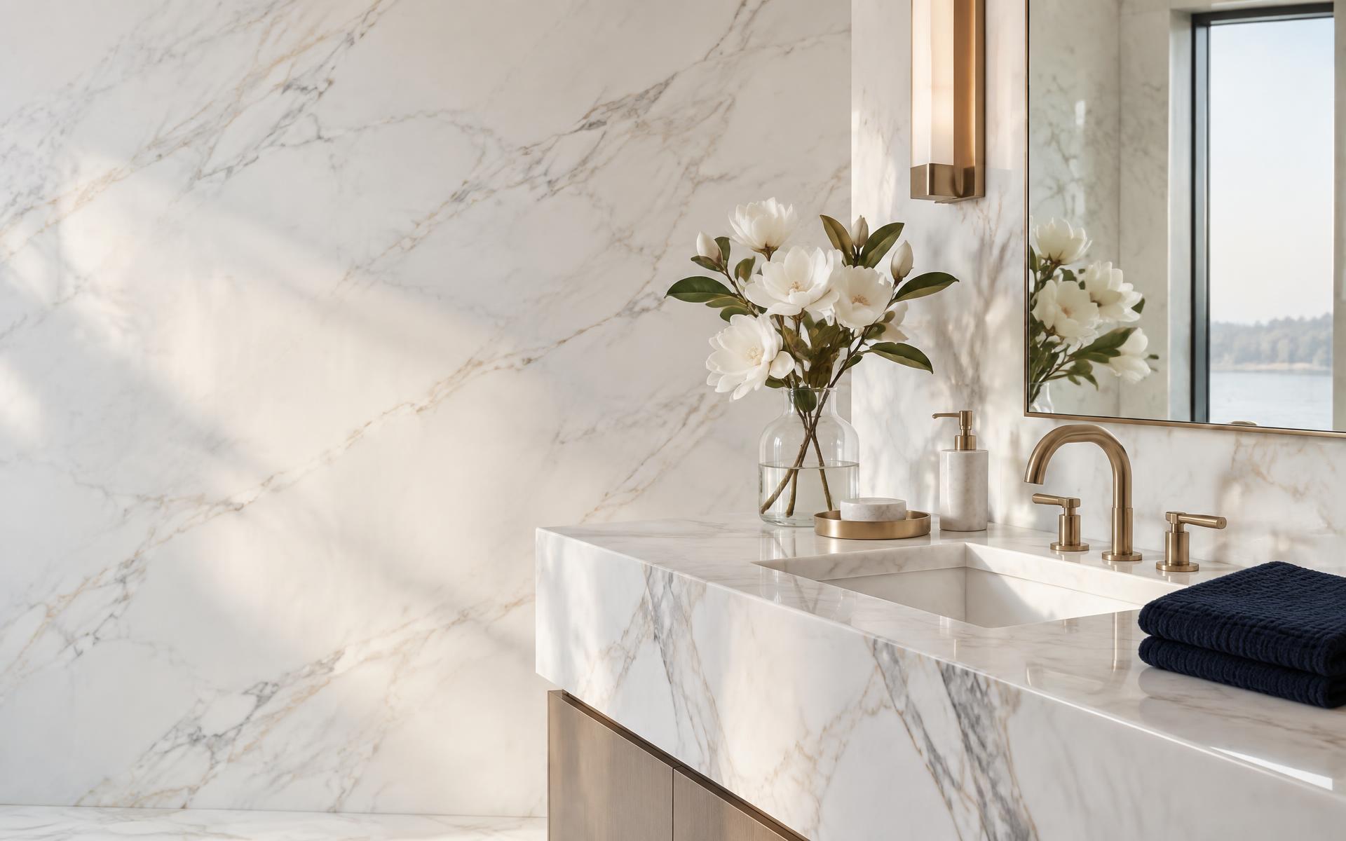 Elegant marble bathroom with navy and gold details